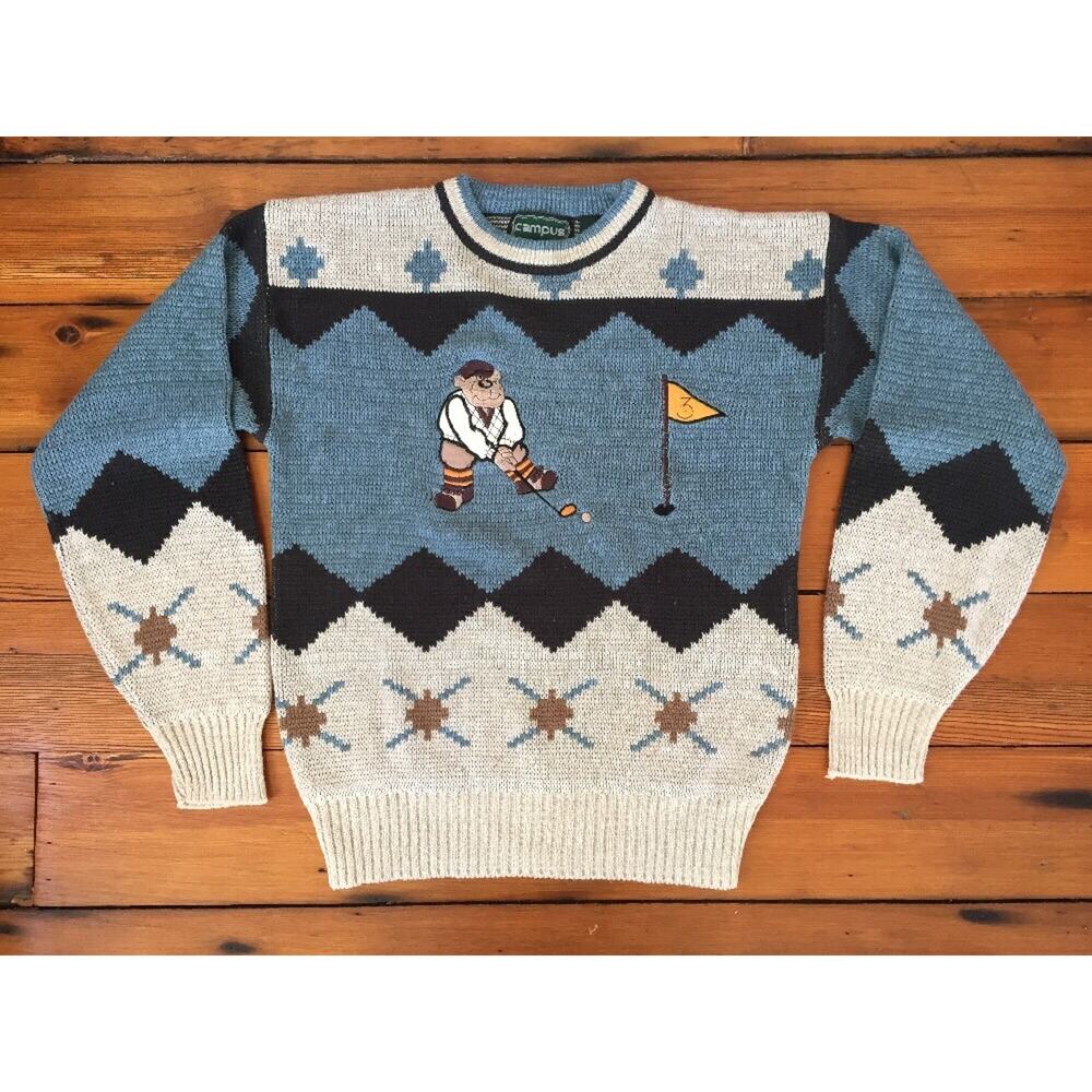 Vintage Campus Golfing Putter Teddy Bear Golf Knit Long Sleeve Sweater M 42"